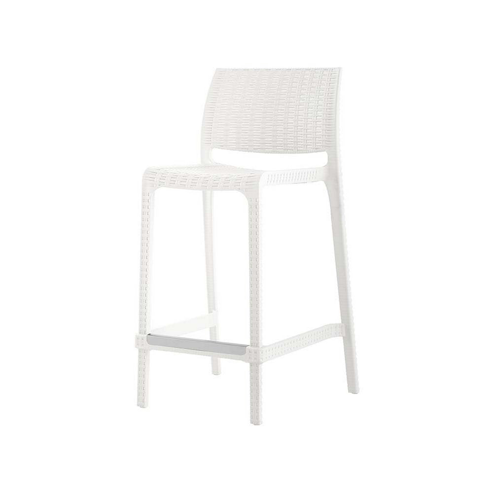 Set of Two 26" White Faux Rattan Low Back Outdoor Counter Height Bar Chairs