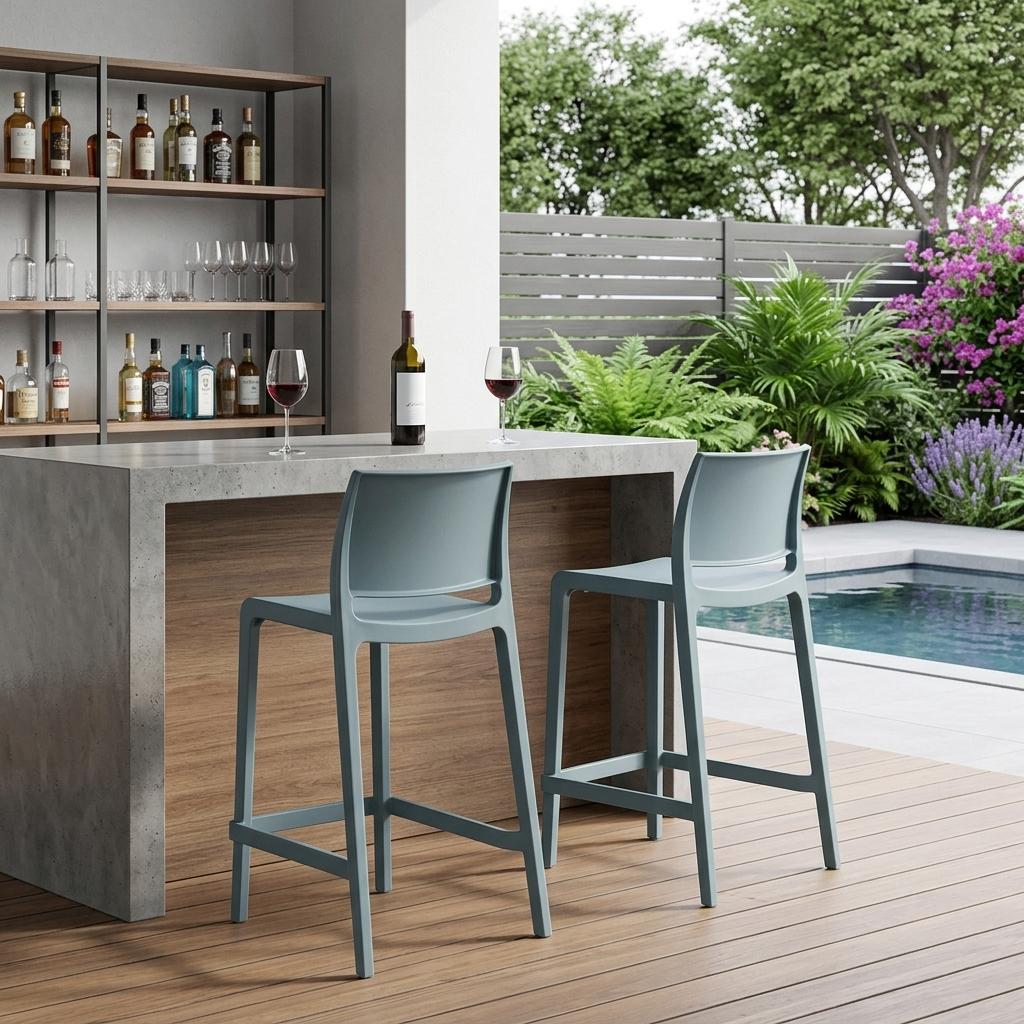Set of Two 26" Baby Blue Heavy Duty Plastic Low Back Outdoor Counter Height Bar Chairs