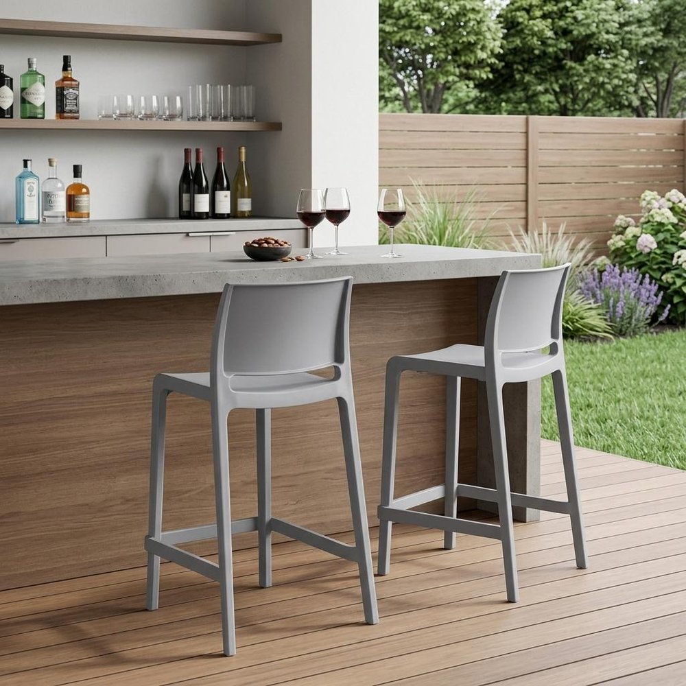 Set of Two 26" Gray Heavy Duty Plastic Low Back Outdoor Counter Height Bar Chairs