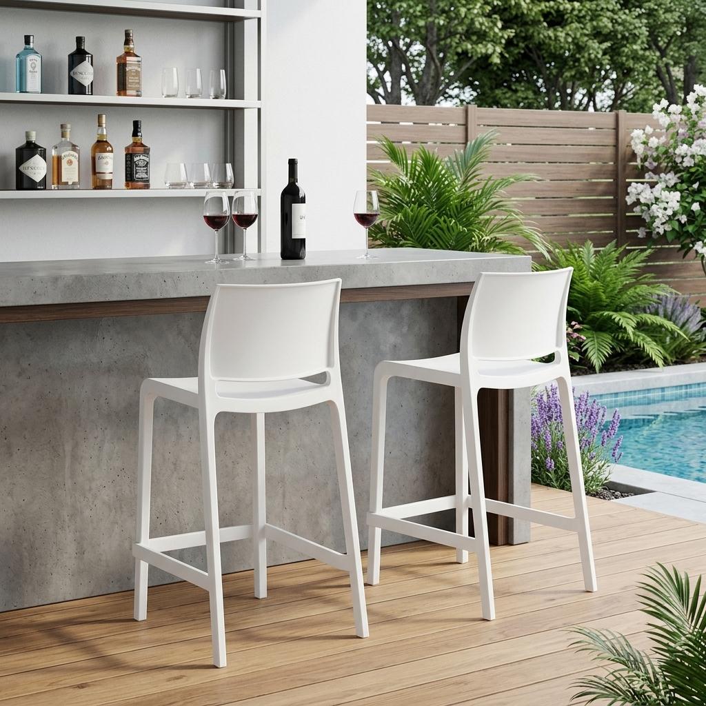 Set of Two 26" White Heavy Duty Plastic Low Back Outdoor Counter Height Bar Chairs