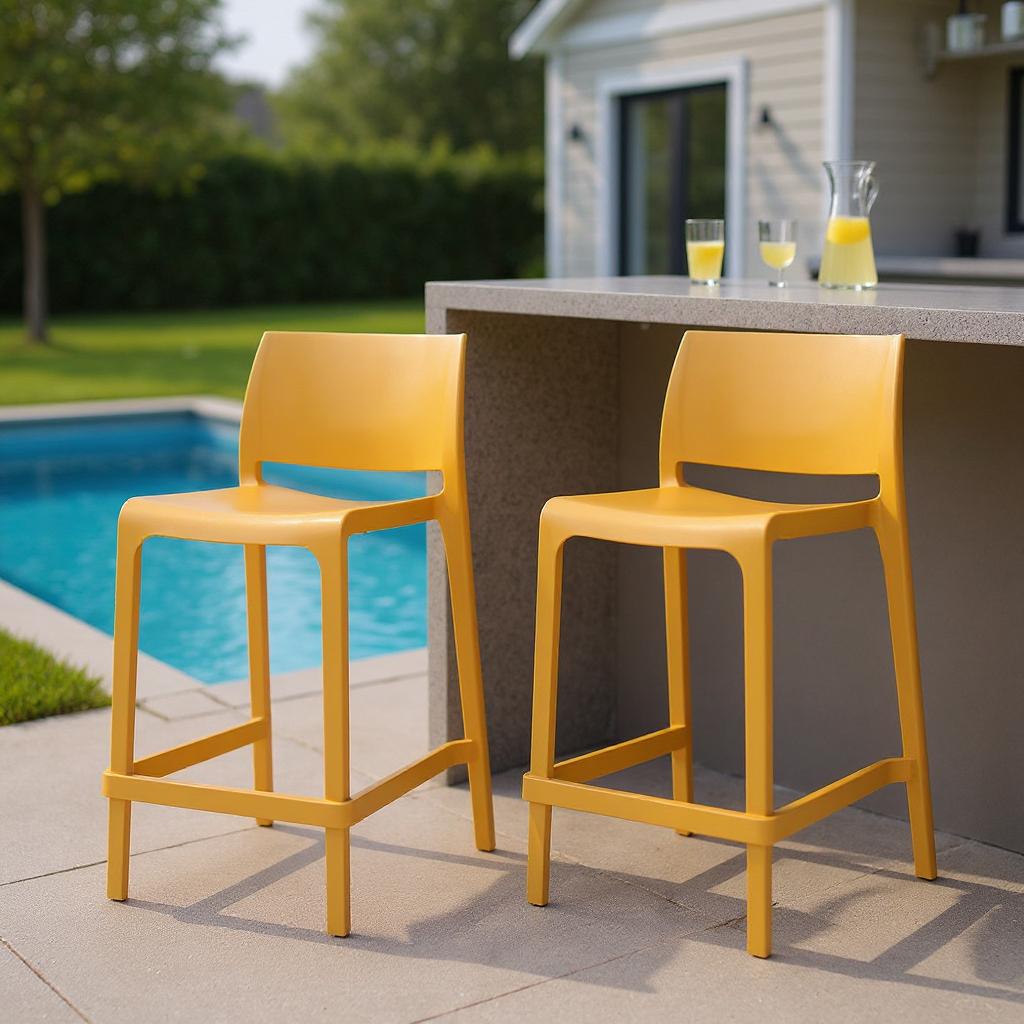 Set of Two 26" Gold and Yellow Heavy Duty Plastic Low Back Outdoor Counter Height Bar Chairs