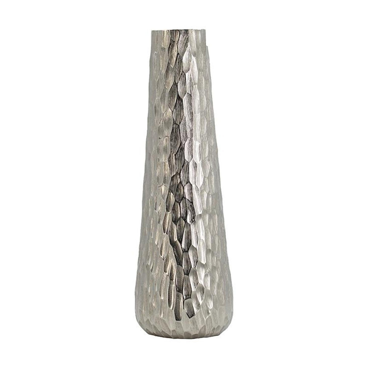 19" Silver Cast Aluminum Carved Geometric Table Vase
