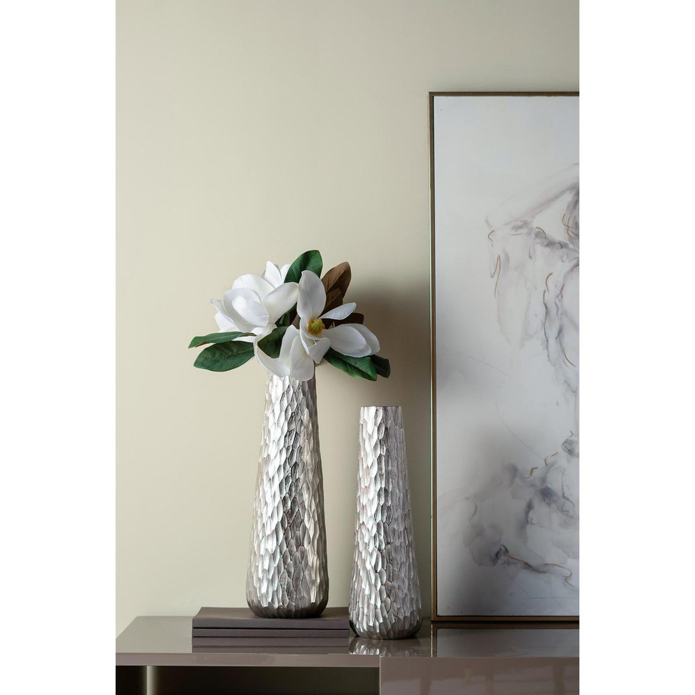 19" Silver Cast Aluminum Carved Geometric Table Vase