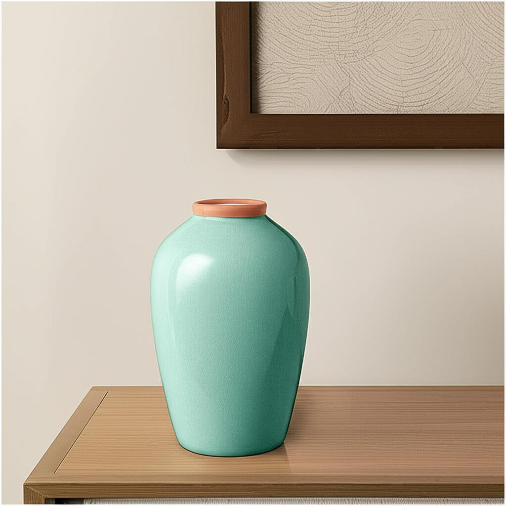 13" Aqua And Terra Cotta Ceramic Round Table Vase
