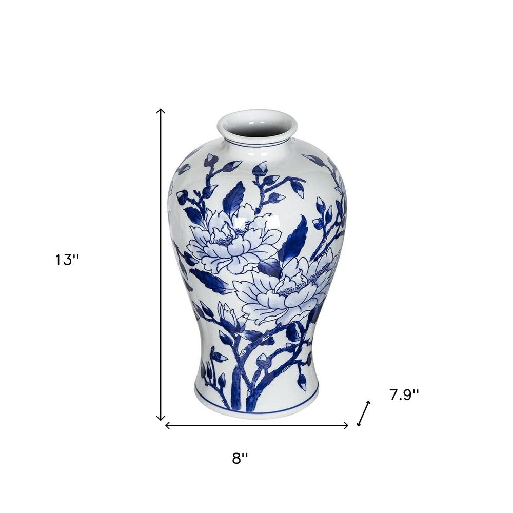 13" Blue And White Floral Chinoiserie Round Porcelain Table Vase