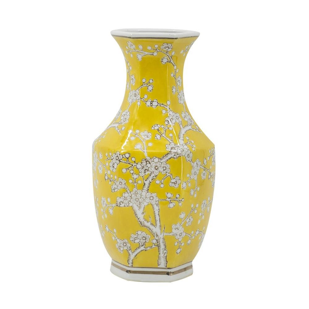 14" Yellow And White Chinoiserie Floral Porcelain Table Vase