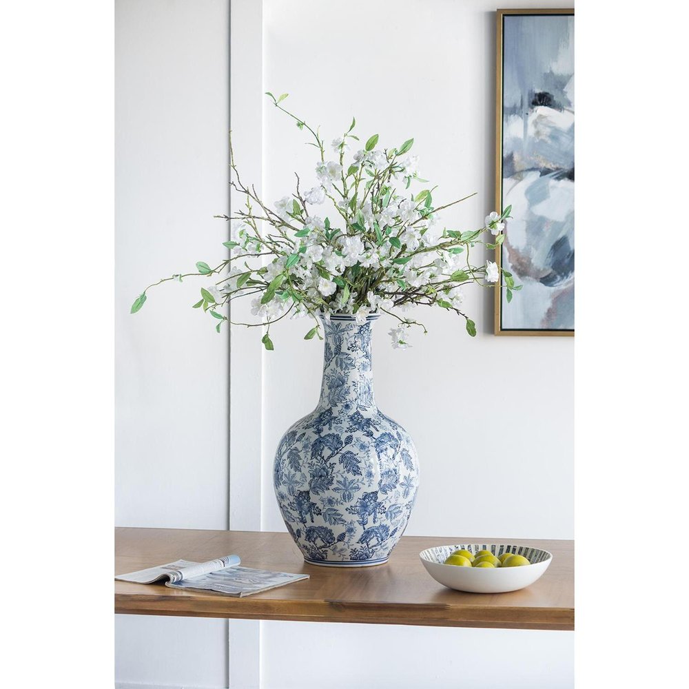 24" Blue And White Floral Curved Porcelain Table Vase
