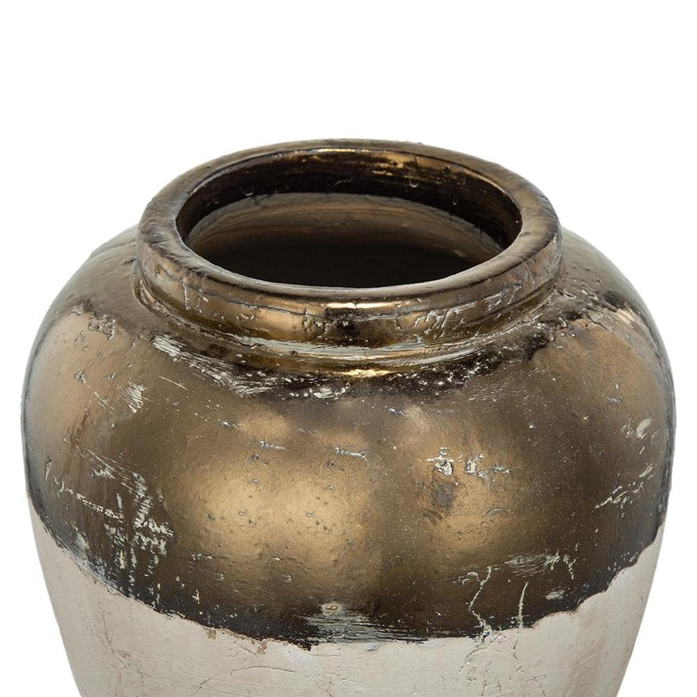 11" Antiqued Bronze And Light Gray Color Block Ceramic Round Table Vase