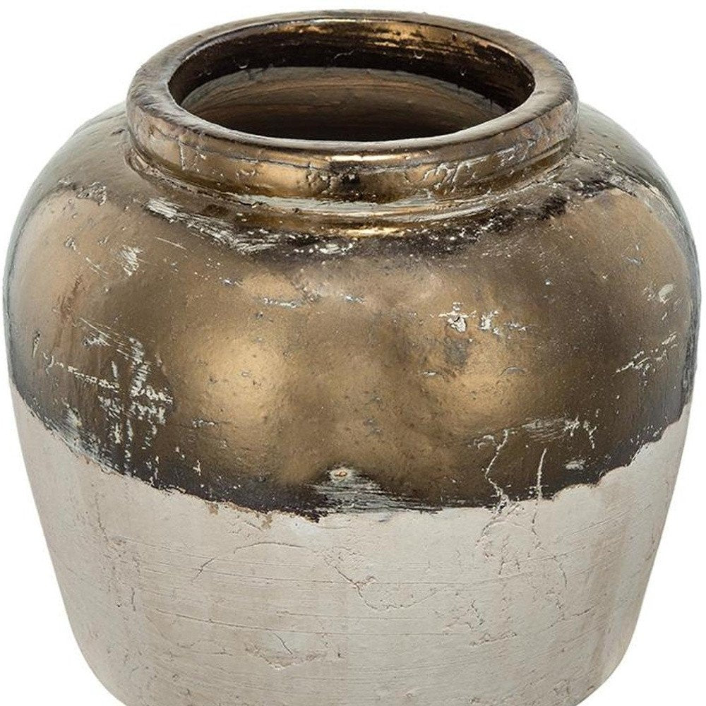 11" Antiqued Bronze And Light Gray Color Block Ceramic Round Table Vase
