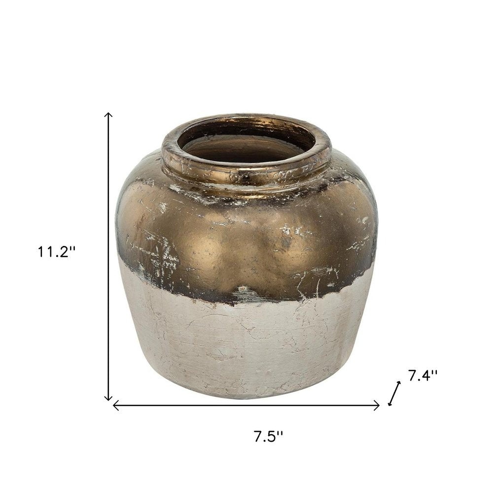 11" Antiqued Bronze And Light Gray Color Block Ceramic Round Table Vase