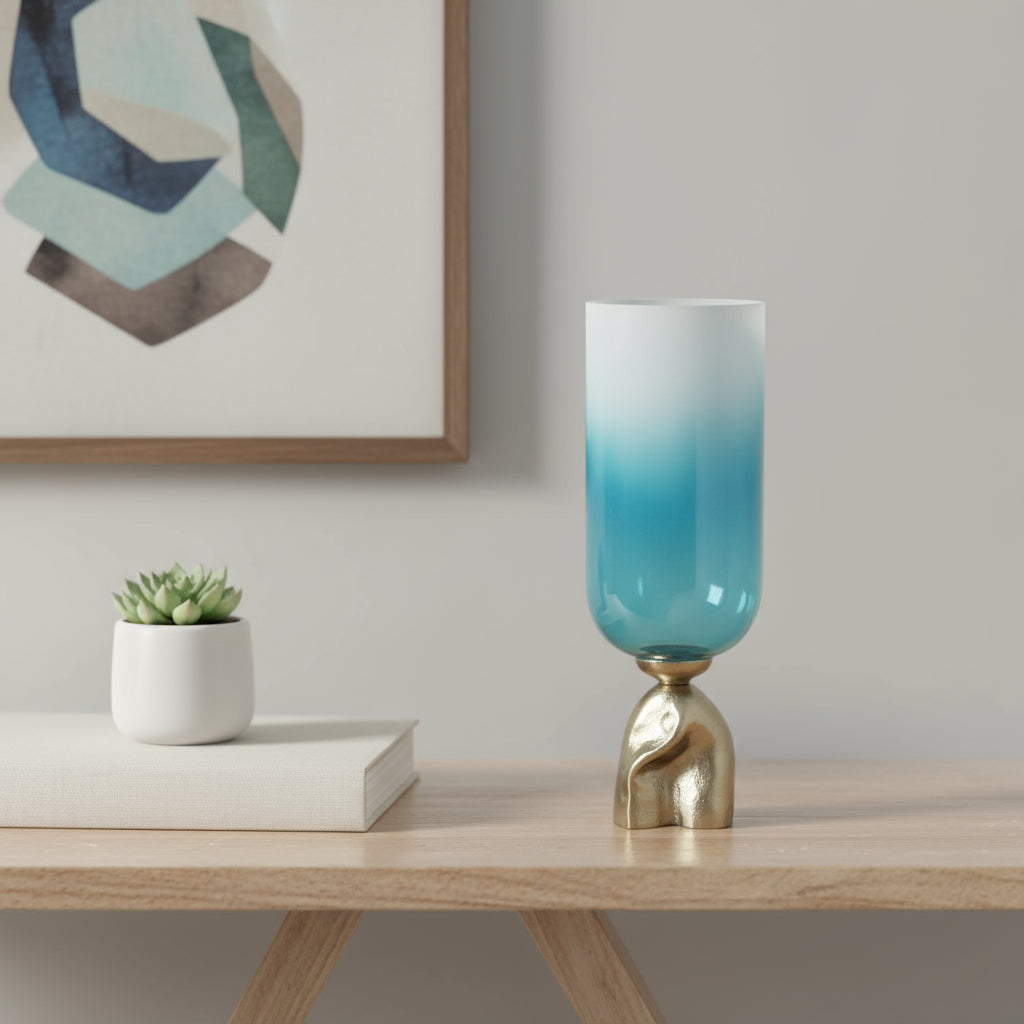 18" Blue White And Gold Ombre Glass And Aluminum Pedestal Table Vase