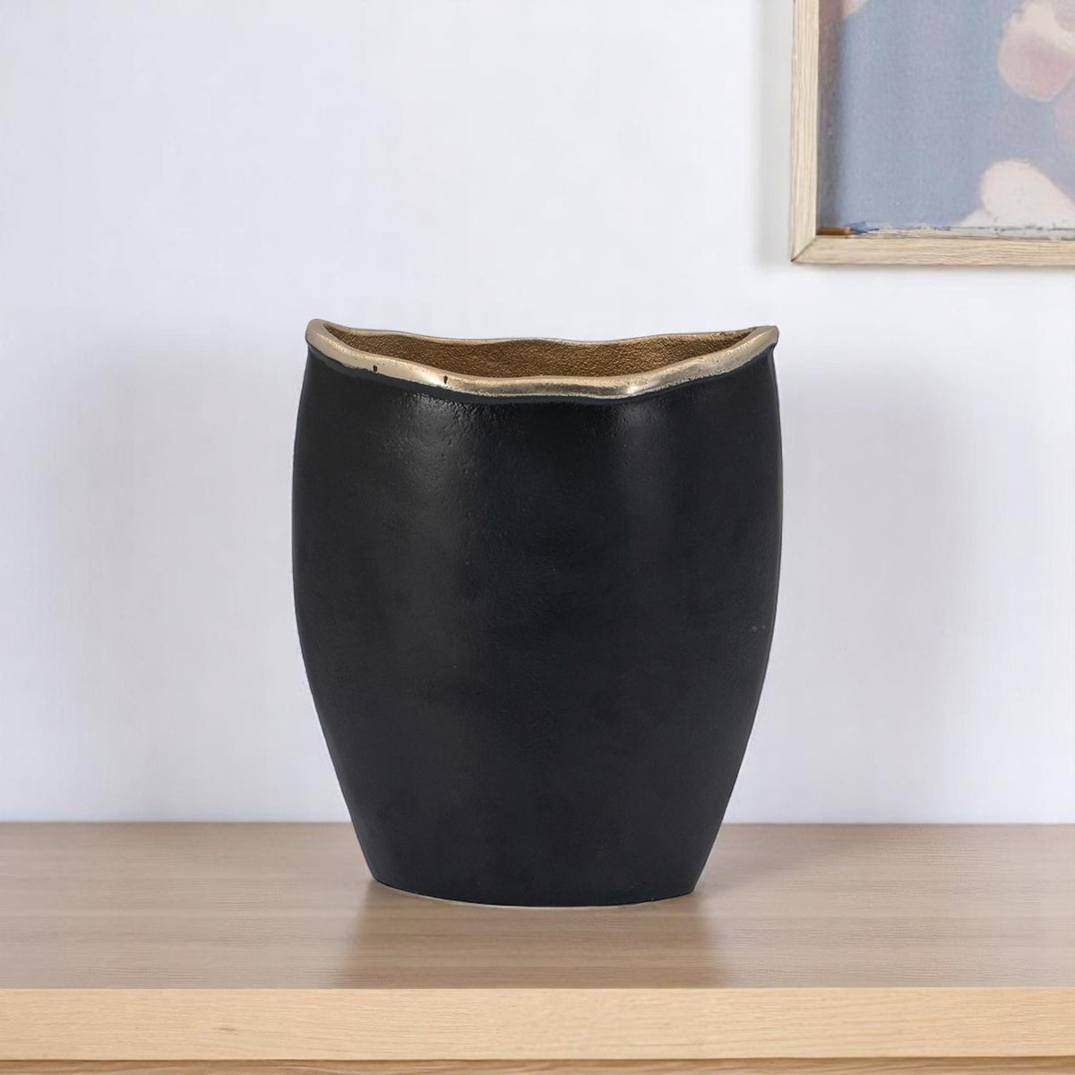 10" Black And Gold Cast Aluminum Oval Table Vase