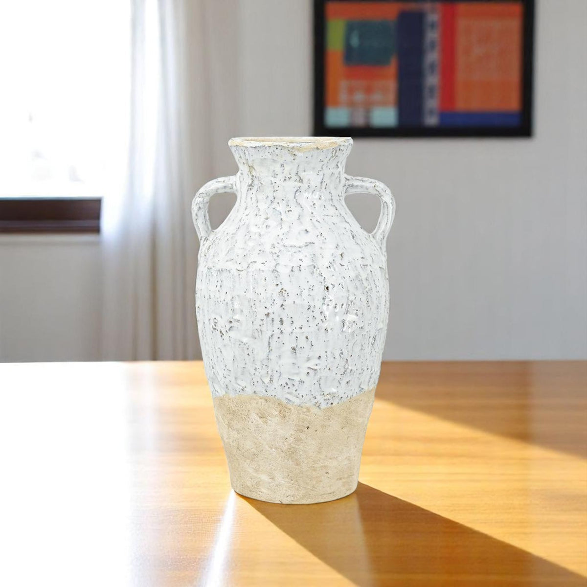 14" Beige And Ivory Color Block Amphora Terracotta Table Vase