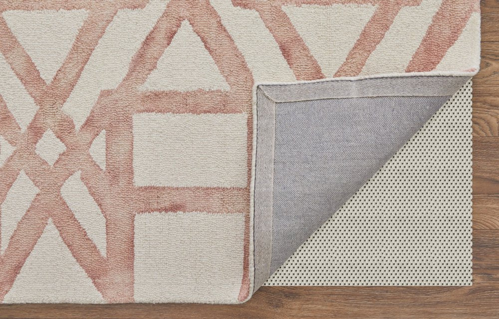 9' X 13' Ivory Pink and Tan Wool Geometric Hand Tufted Area Rug
