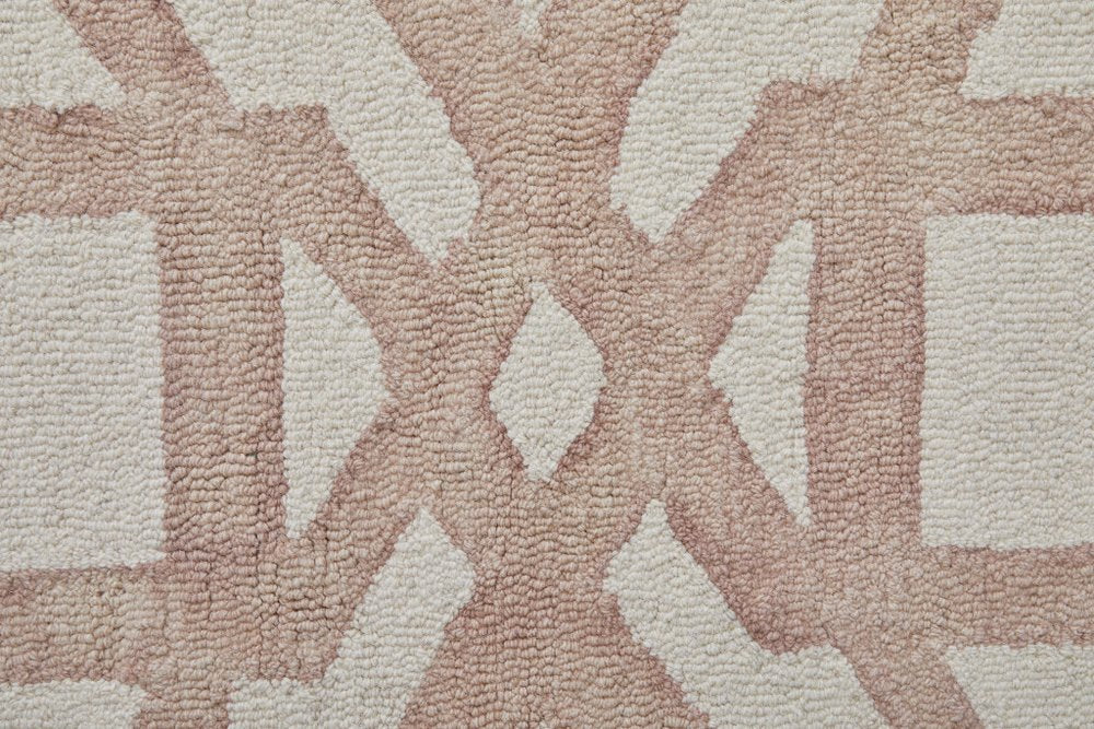 9' X 13' Ivory Pink and Tan Wool Geometric Hand Tufted Area Rug