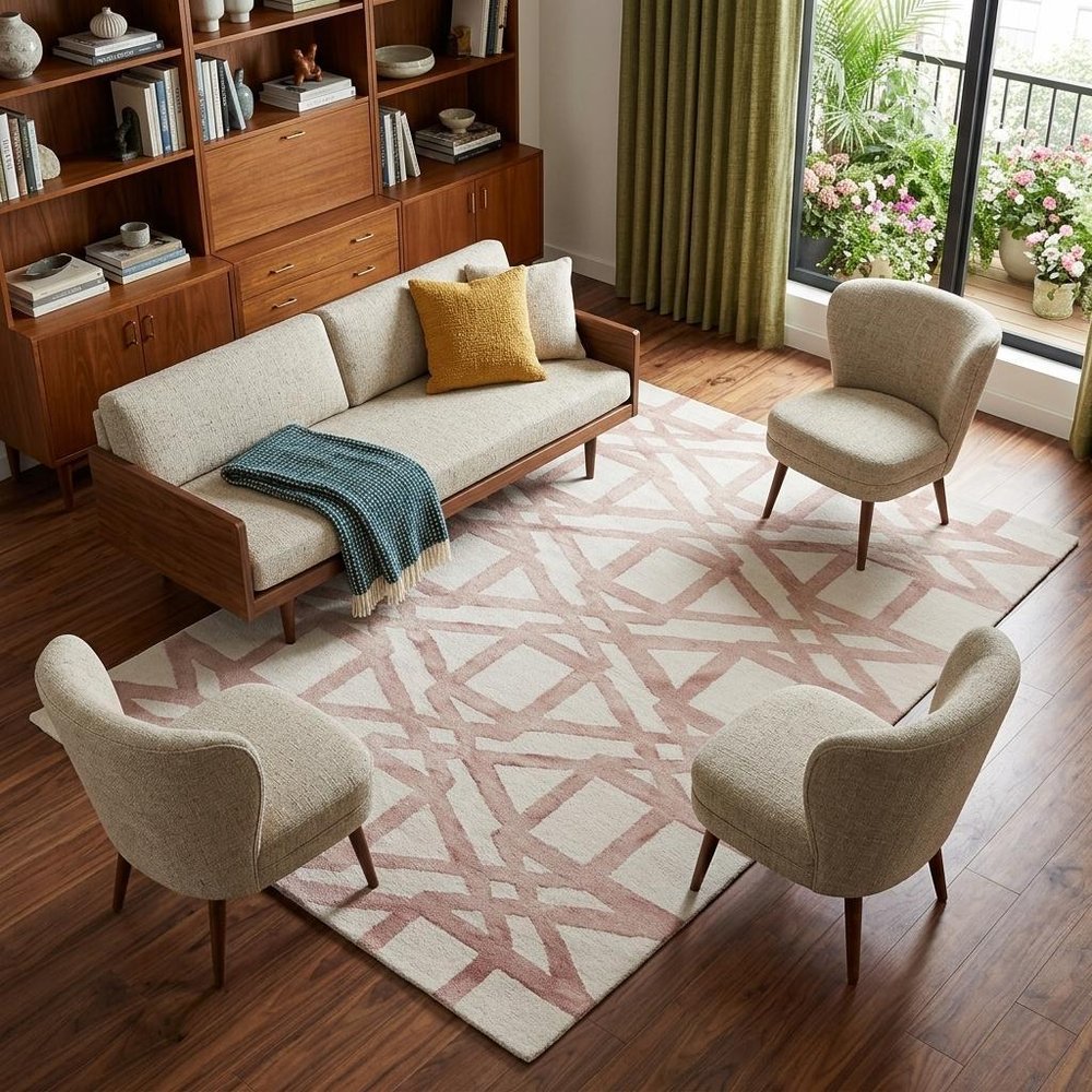 9' X 13' Ivory Pink and Tan Wool Geometric Hand Tufted Area Rug