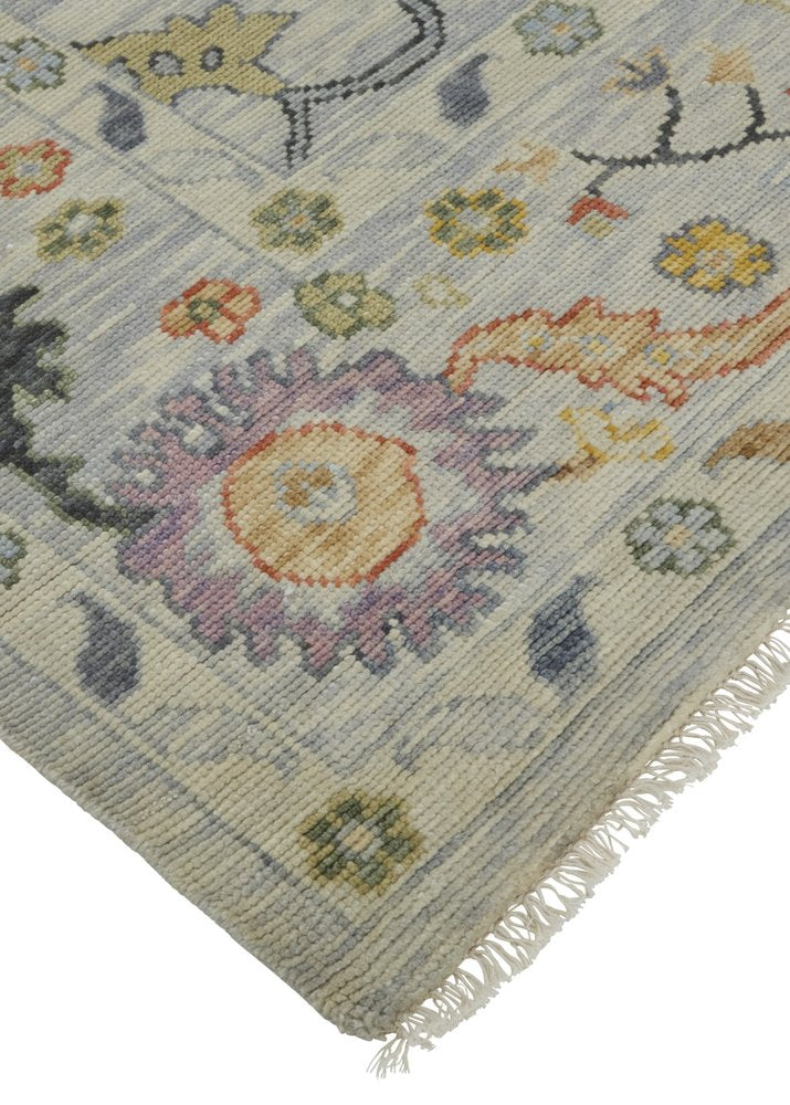 9' X 13' Gray Red and Yellow Wool Oriental Hand Knotted Area Rug With Fringe