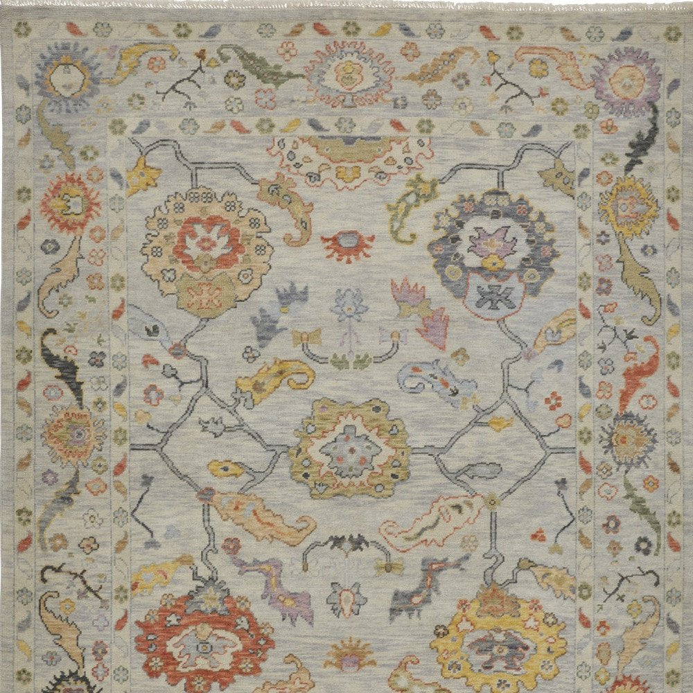 9' X 13' Gray Red and Yellow Wool Oriental Hand Knotted Area Rug With Fringe