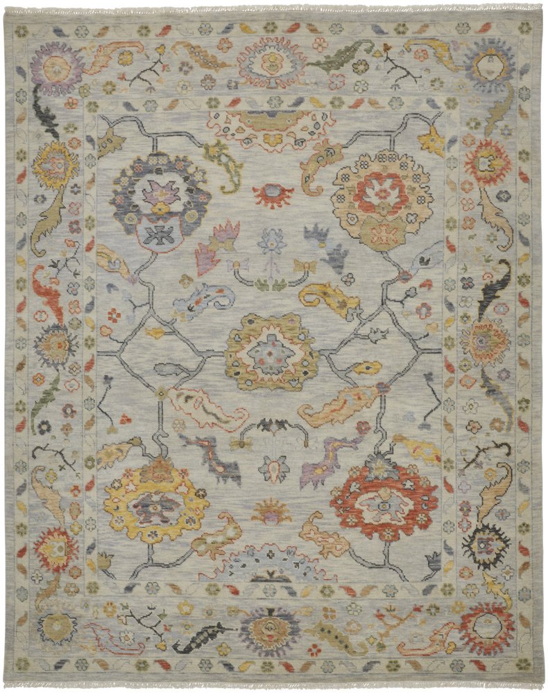 9' X 13' Gray Red and Yellow Wool Oriental Hand Knotted Area Rug With Fringe
