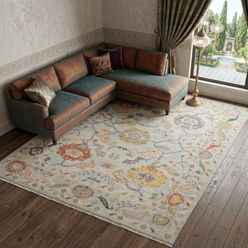 9' X 13' Gray Red and Yellow Wool Oriental Hand Knotted Area Rug With Fringe