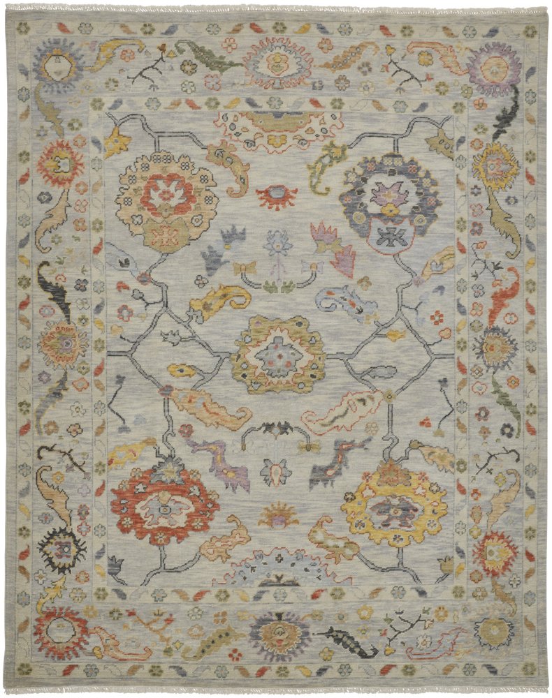 9' X 13' Gray Red and Yellow Wool Oriental Hand Knotted Area Rug With Fringe