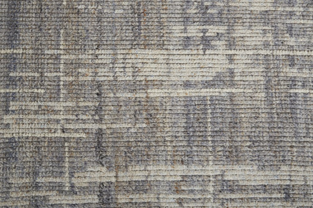 9' X 13' Gray and Ivory Wool Abstract Hand Knotted Worn Faded Area Rug