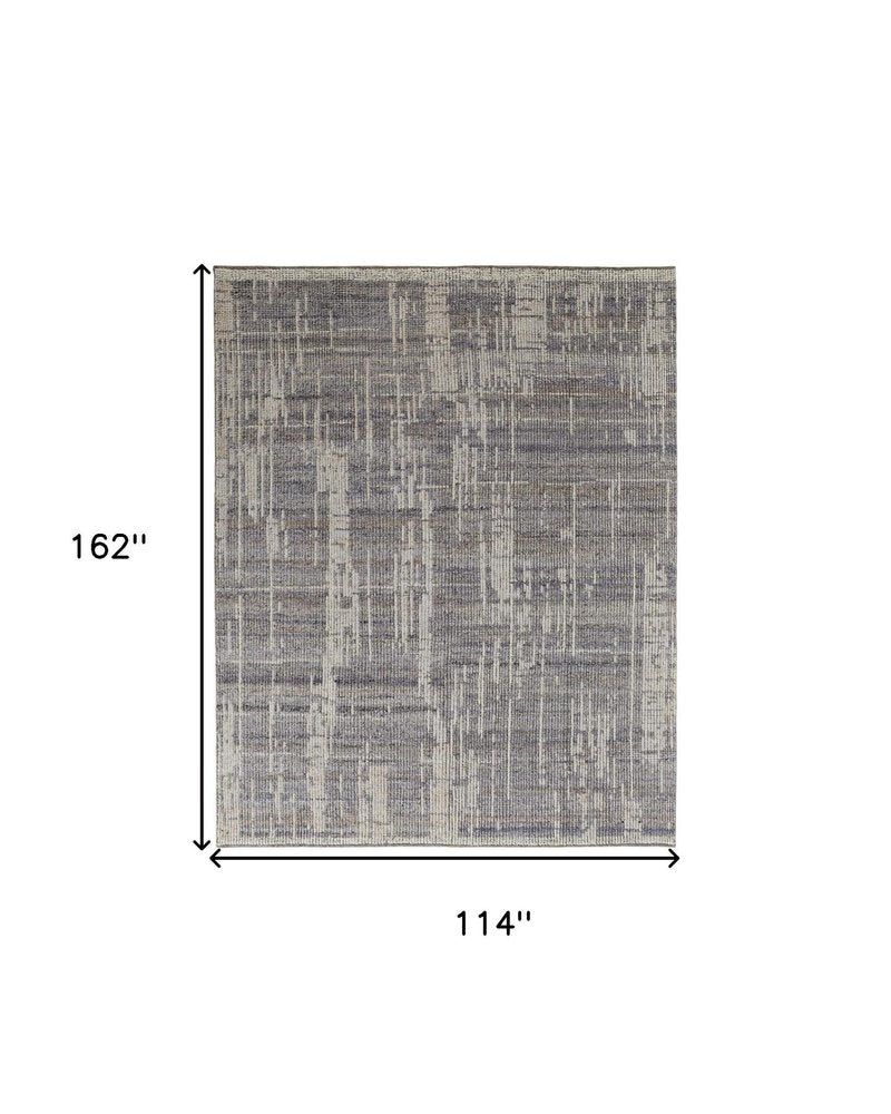 9' X 13' Gray and Ivory Wool Abstract Hand Knotted Worn Faded Area Rug