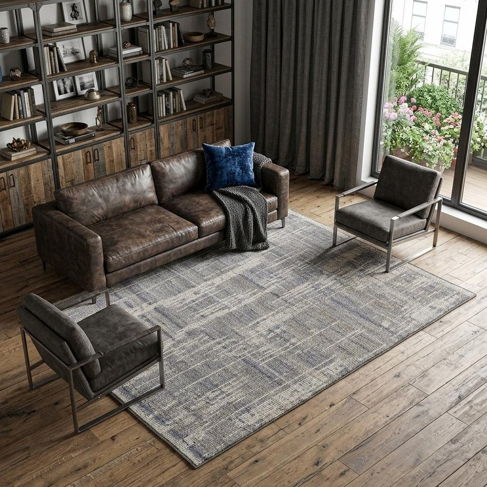 9' X 13' Gray and Ivory Wool Abstract Hand Knotted Worn Faded Area Rug