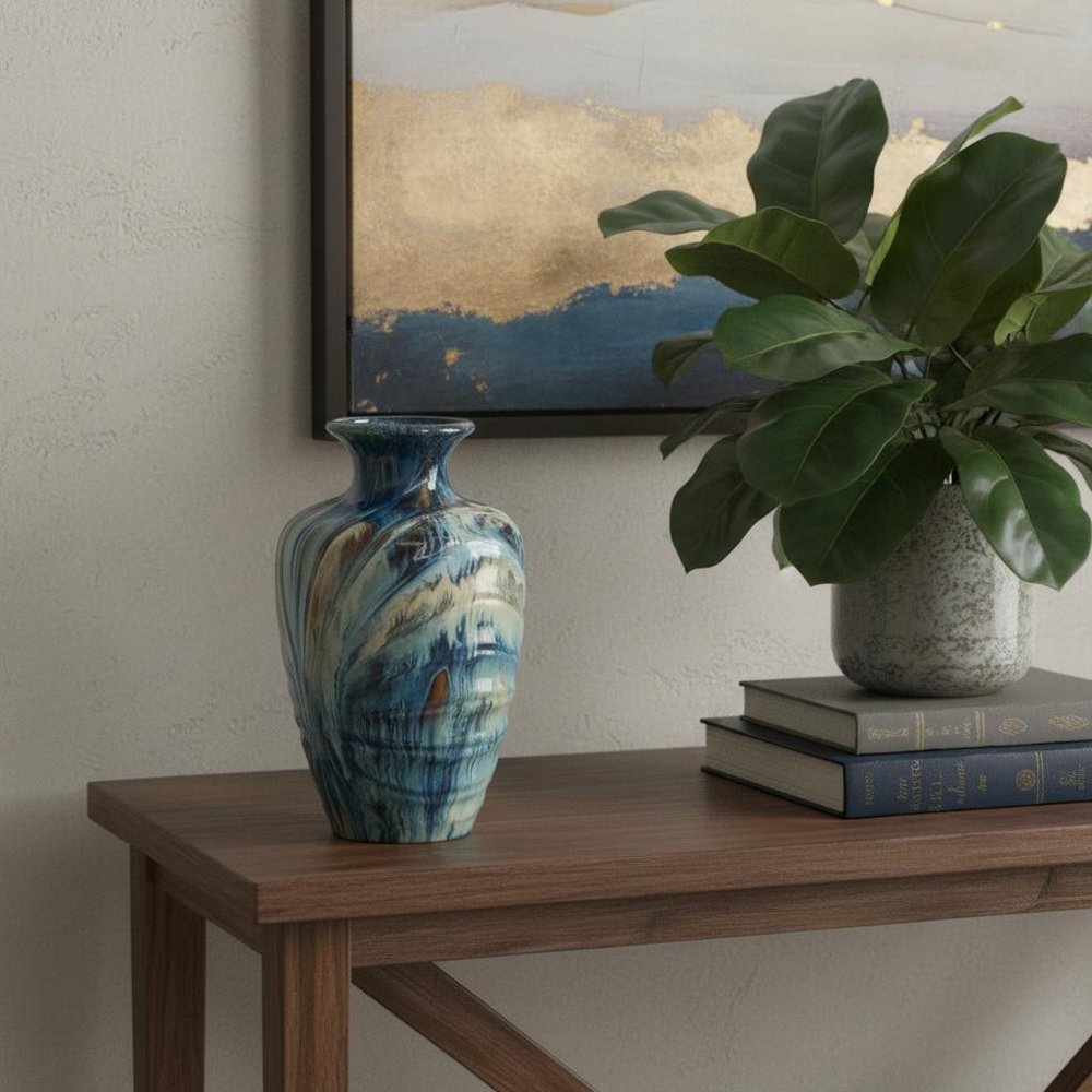 16" Beige Blue And Brown Abstract Ceramic Round Table Vase