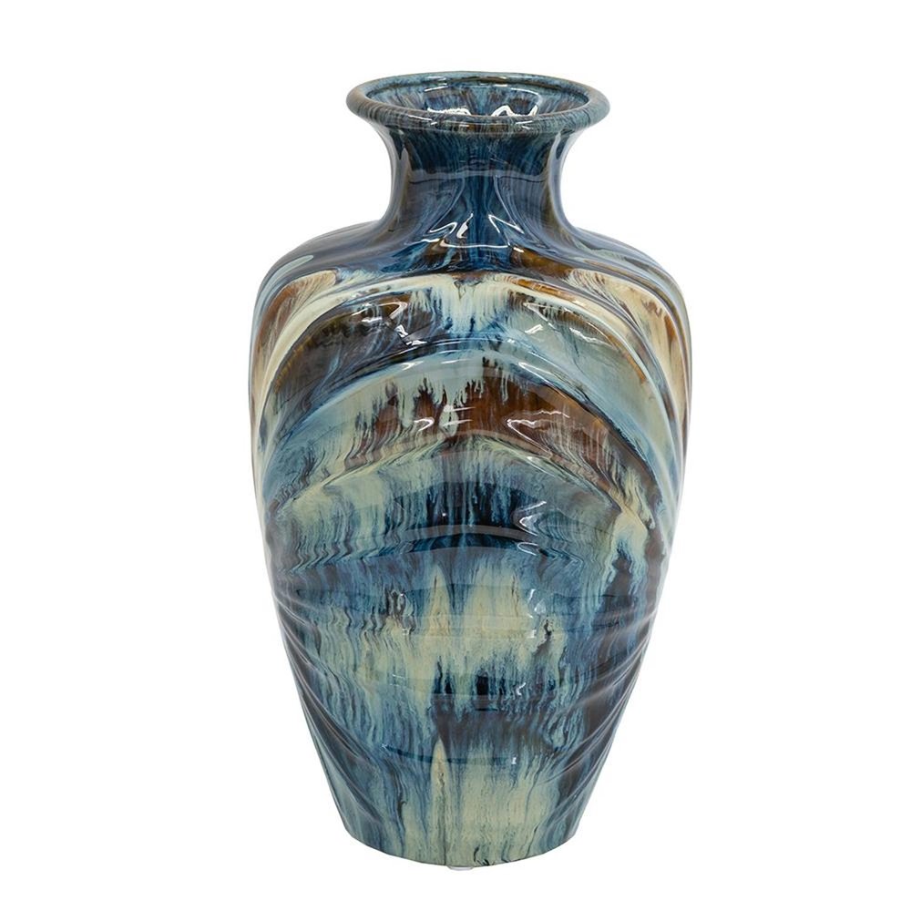 16" Beige Blue And Brown Abstract Ceramic Round Table Vase