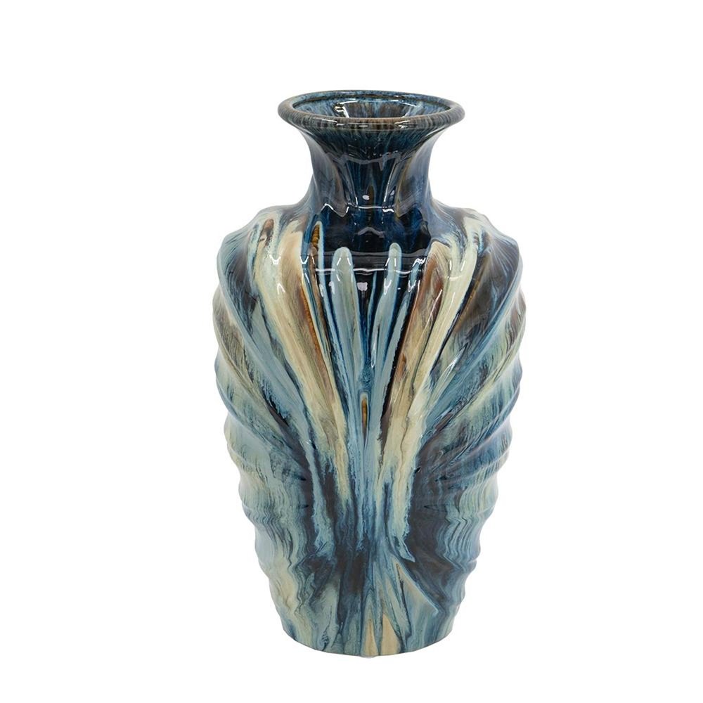 16" Beige Blue And Brown Abstract Ceramic Round Table Vase