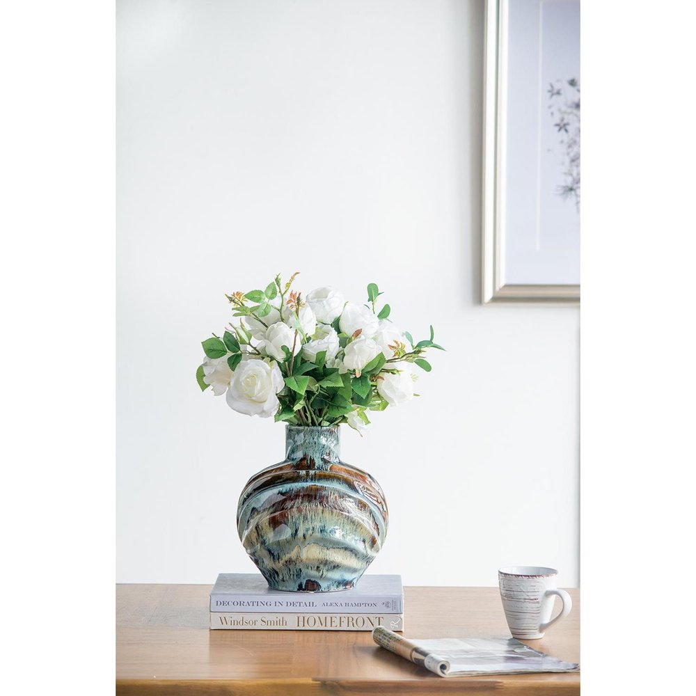 11" Blue Beige And Brown Abstract Wavy Ceramic Table Vase