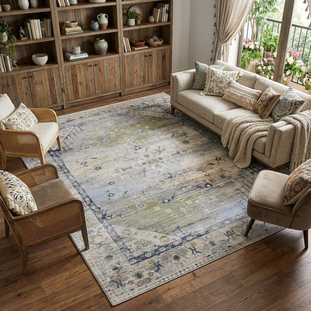 9' X 13' Ivory Green and Blue Abstract Power Loom Worn Faded Area Rug