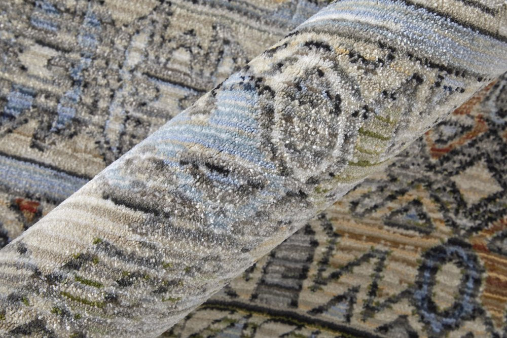 9' X 13' Gray Blue and Red Abstract Power Loom Worn Faded Area Rug