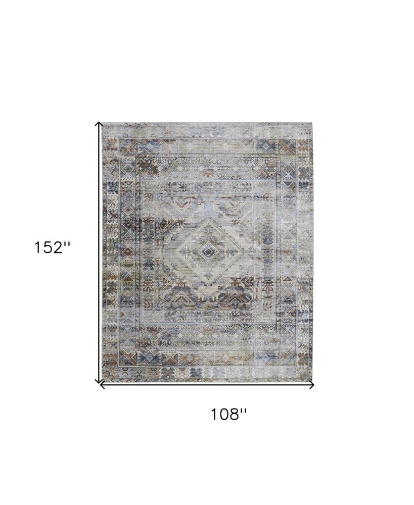 9' X 13' Gray Blue and Red Abstract Power Loom Worn Faded Area Rug
