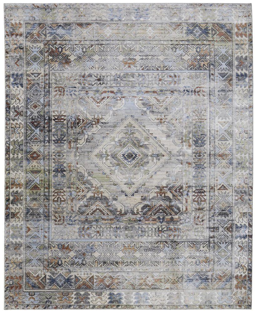9' X 13' Gray Blue and Red Abstract Power Loom Worn Faded Area Rug