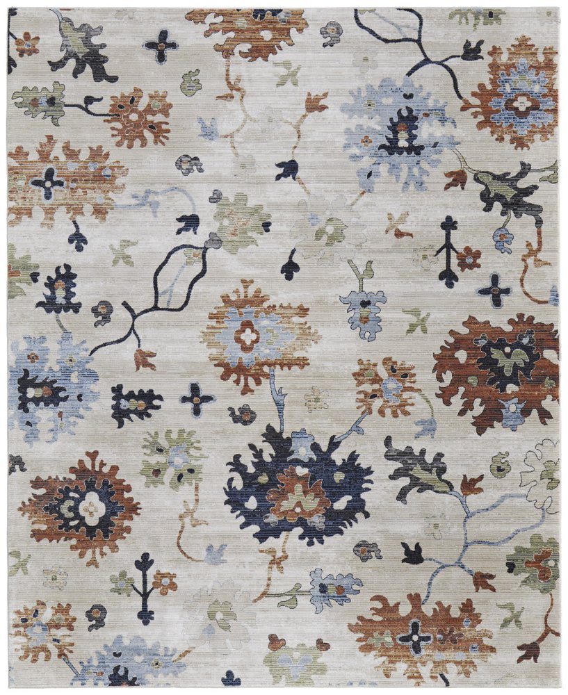 9' X 13' Ivory Red and Blue Floral Power Loom Area Rug
