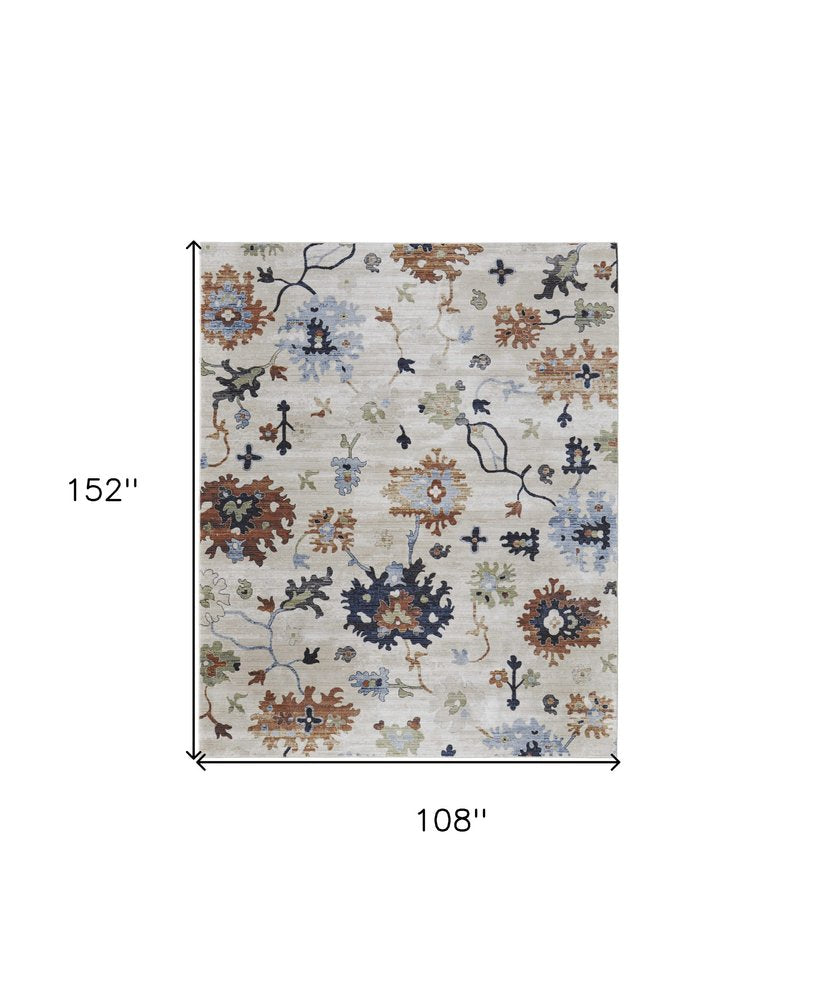 9' X 13' Ivory Red and Blue Floral Power Loom Area Rug