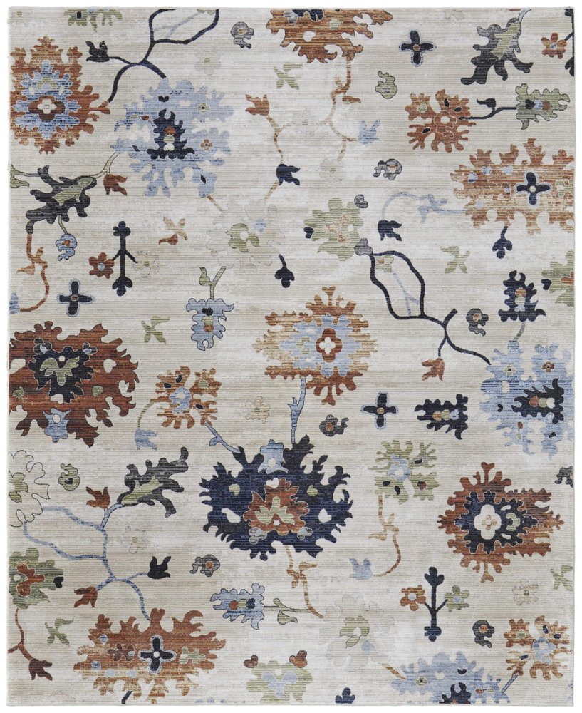 9' X 13' Ivory Red and Blue Floral Power Loom Area Rug