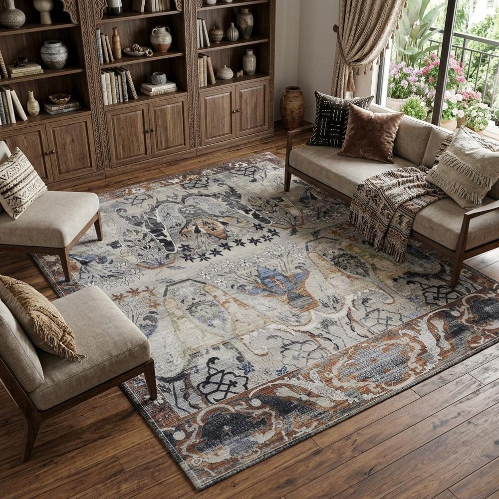 9' X 13' Gray Black and Red Ikat Power Loom Area Rug