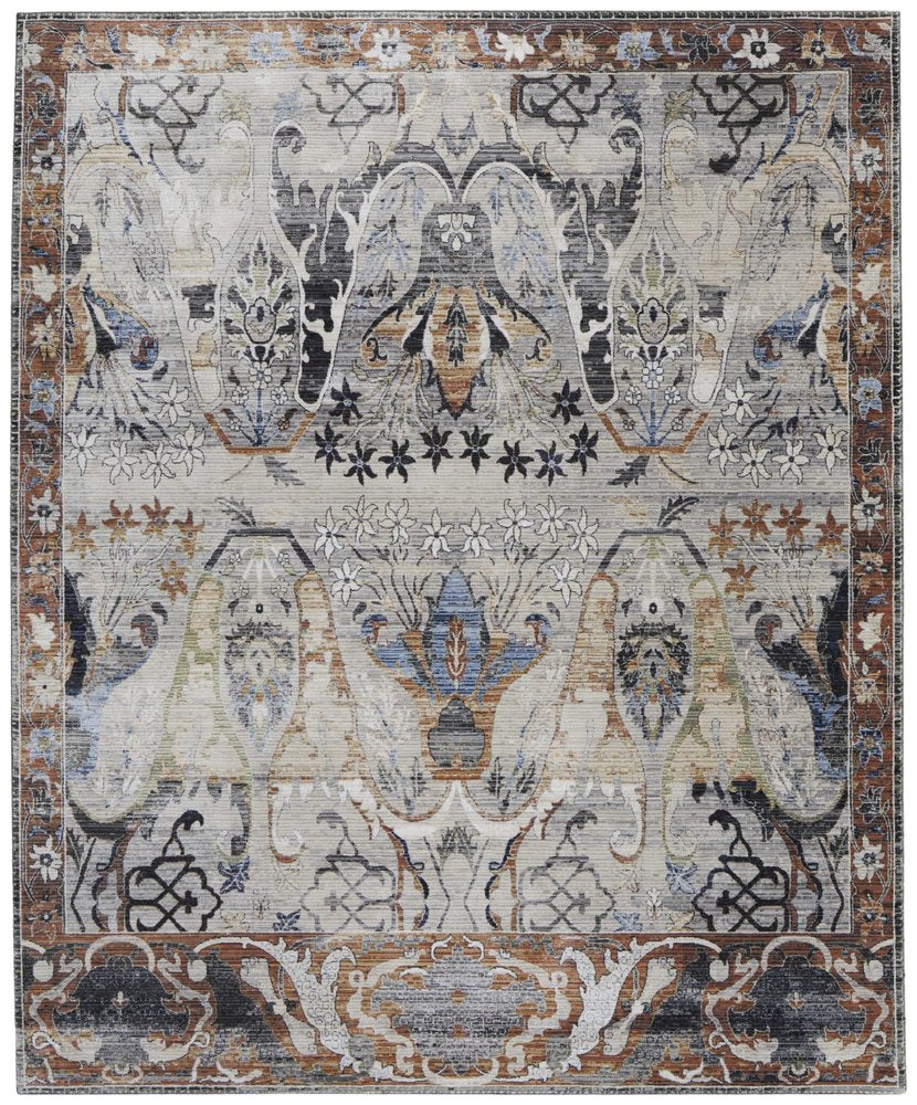 9' X 13' Gray Black and Red Ikat Power Loom Area Rug