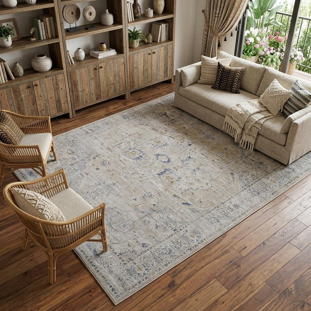 9' X 13' Ivory Taupe and Blue Oriental Power Loom Worn Faded Area Rug With Fringe