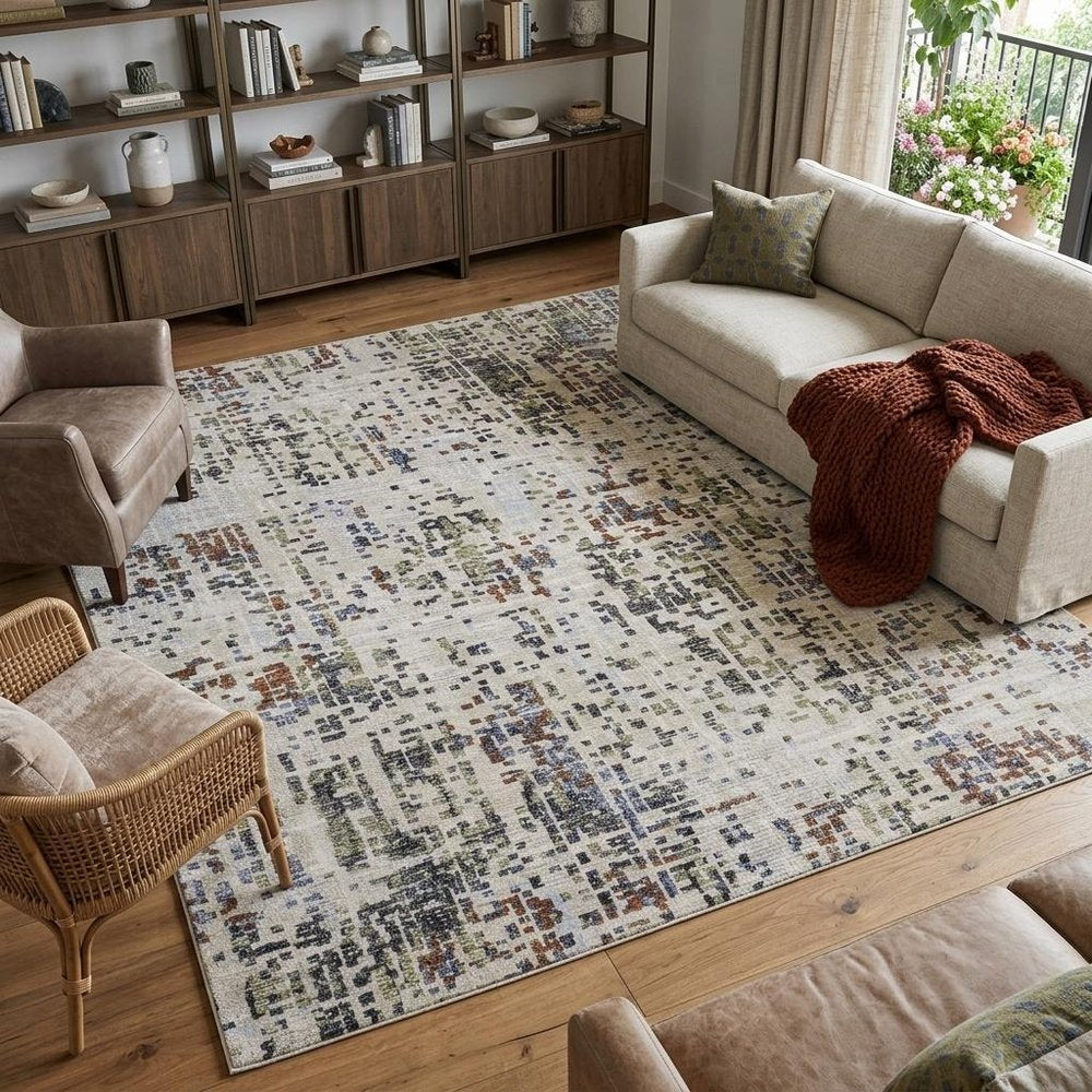 9' X 13' Ivory Green and Blue Abstract Power Loom Area Rug