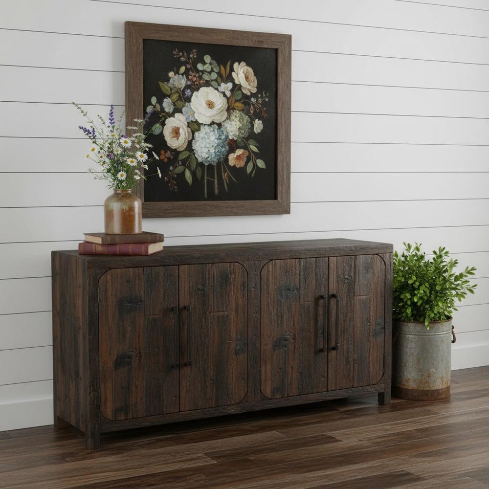 72" Dark Brown Distressed Reclaimed Wood Sideboard With Four Doors