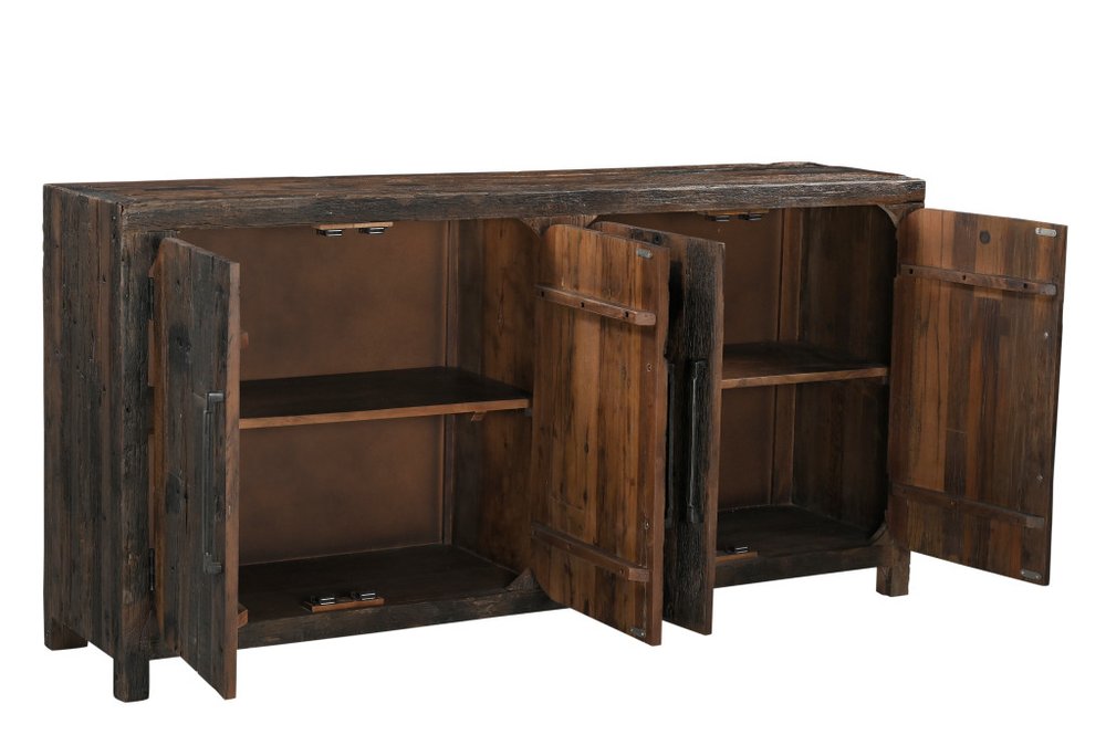 72" Dark Brown Distressed Reclaimed Wood Sideboard With Four Doors