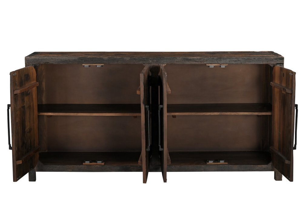 72" Dark Brown Distressed Reclaimed Wood Sideboard With Four Doors