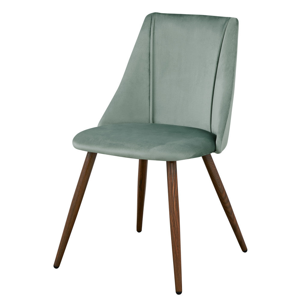 Set of Two Sage and Brown Upholstered Velvet Dining Side Chairs