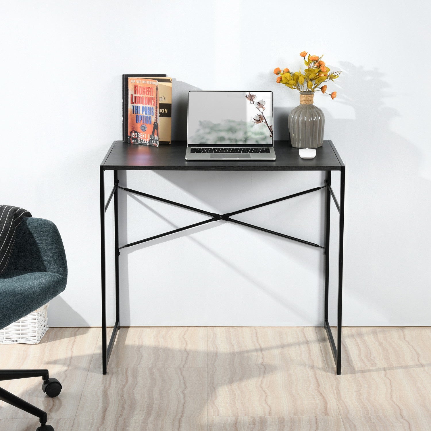 39" Brown and Black Wood and Metal H-Shape Computer Desk