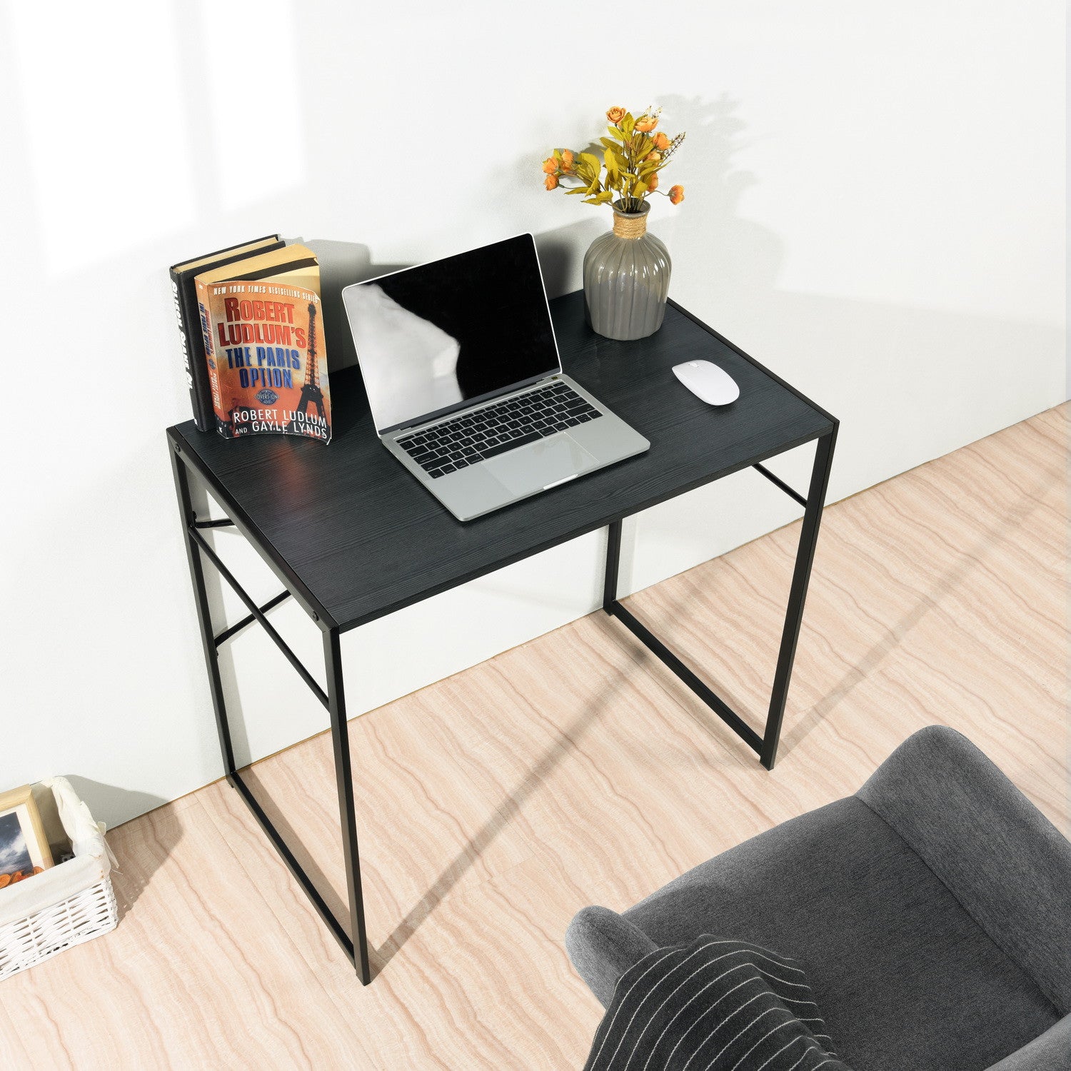 39" Brown and Black Wood and Metal H-Shape Computer Desk