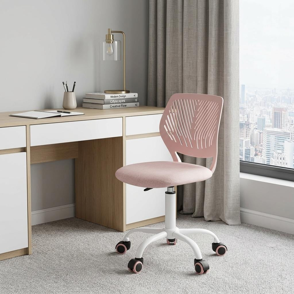 Pink and White Adjustable Height Swivel Rolling Office Chair
